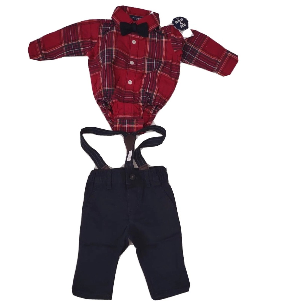 Boys Newborn Plaid Long Sleeved Shirt, Bow Tie Suspenders Red Set