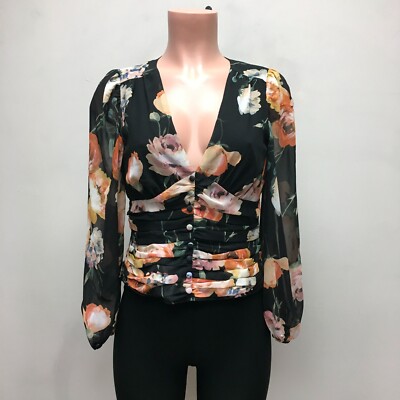 Yumi Kim Womens Black Dutch Roses Puff Long Sleeve V-Neck Chiffon Bradley Top S
