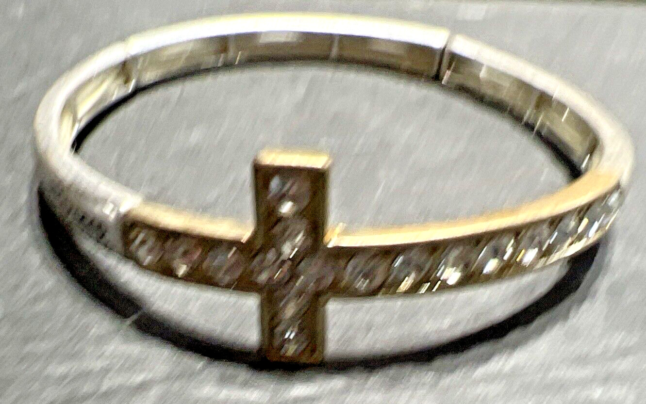 Cross Rhinestone Bracelet Bangle Silver Tone Christian Religious Bling Crystal