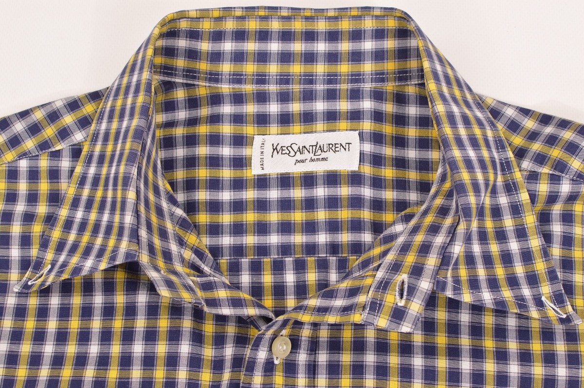 YSL Yves Saint Laurent Pour Homme Vtg Check SS Button Shirt Blue