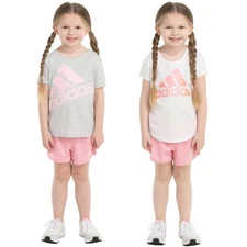 NWT Girl's Adidas 3 Piece Set Tee Shirts and Shorts White Gray Pink Size 3T