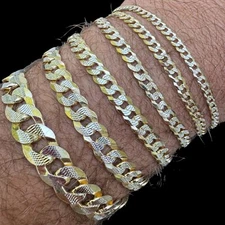 Solid 925 Sterling Silver 14k Gold Plated Flat Miami Cuban Diamond Cut Bracelet