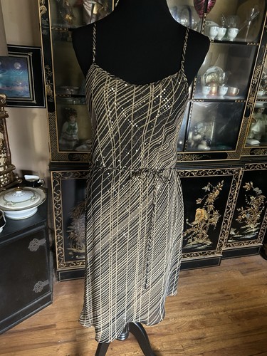 Vtg Studio Soleil 70s Black Gold Strappy Subtle Shimmery Sequin Slip Dress M - Picture 5 of 15