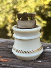 Vintage White Milk Glass Table Lighter Gold Rope Trim Brass Insert Japan Mold 4