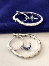 925 Sterling Silver Celestial Hoop Earrings Moon Star Blue CZ Huggie Dangle