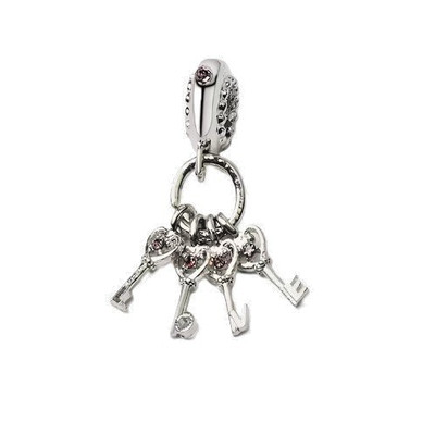 Silver & Pink Gem 4 Fancy Love Keys Set Dangle Charm