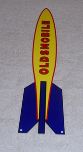 VINTAGE OLDSMOBILE BOMB ROCKET GENERAL MOTORS CHEVROLET 17" METAL GASOLINE SIGN!