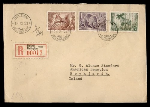 DR WHO 1953 FINLAND FDC? ANIMAL TB SEMI POST COMBO REGISTERED TO ICELAND M74053