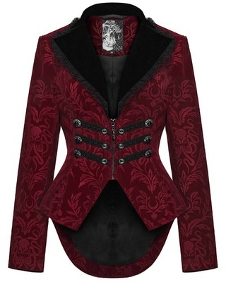 Punk Rave Damen Gothic Aristocrat Damask Samt Gehrock Mantel Jacke - Rot
