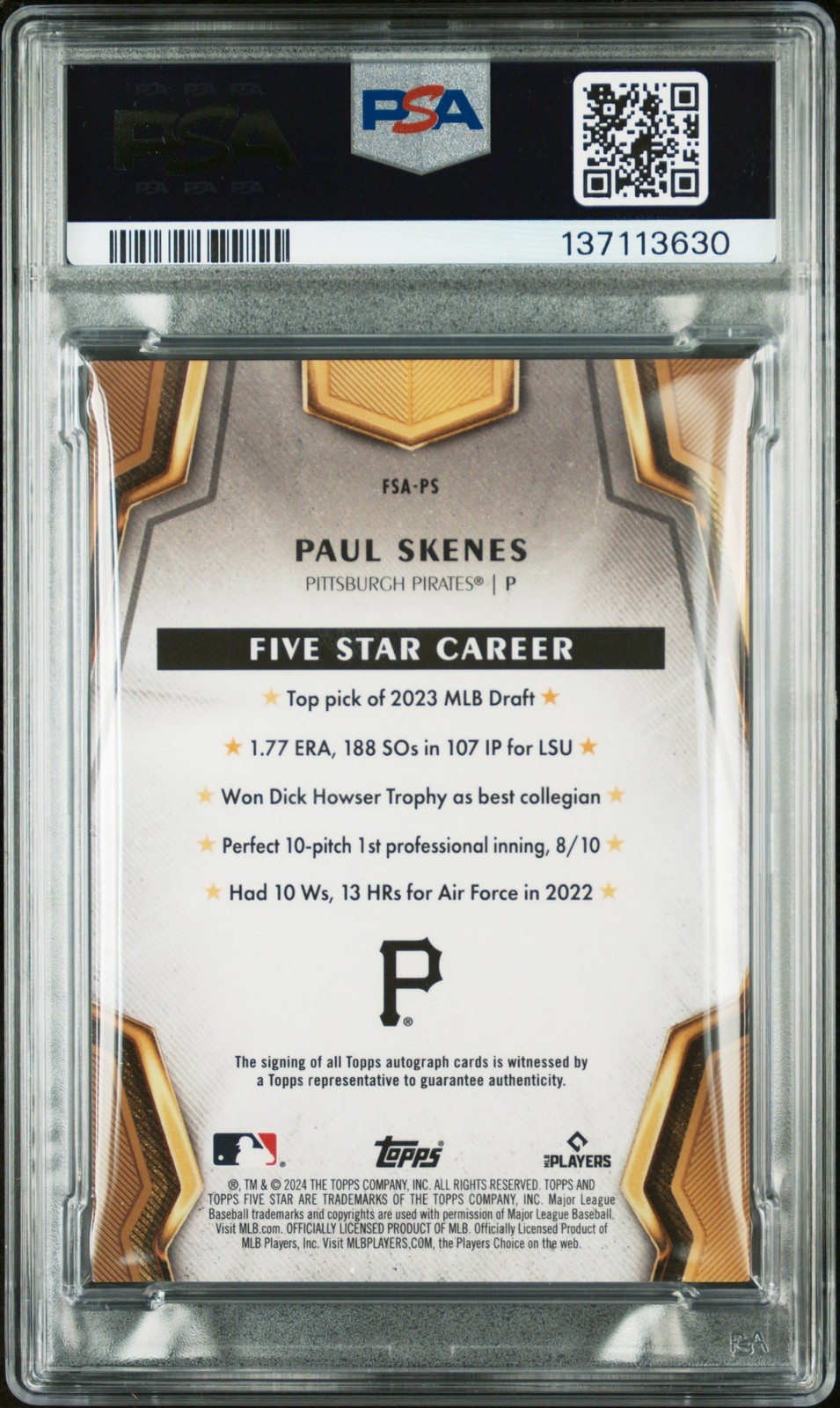 2024 TOPPS FIVE STAR AUTO #FSAPS PAUL SKENES ROOKIE RC PSA 7 AUTO 8 view 2