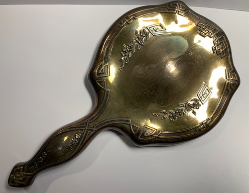 ANTIQUE MONOGRAMMED STERLING SILVER VANITY HANDHELD ART NOUVEAU MIRROR