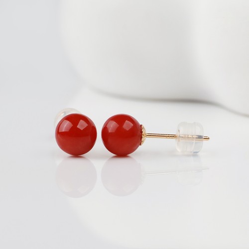 6.4mm Round Red Japanese Aka Coral Stud Earrings 18K Solid Yellow Gold - Picture 2 of 6