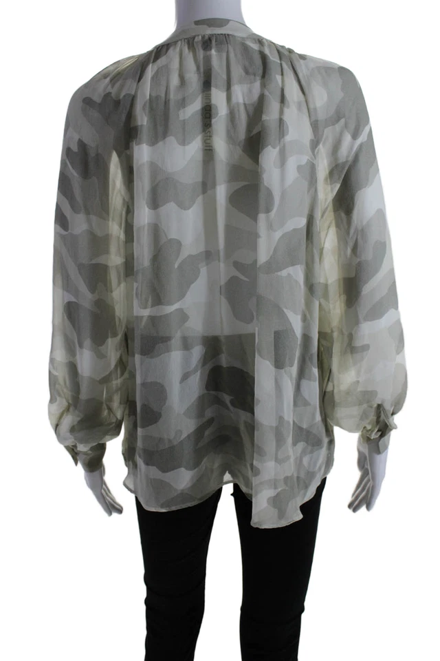 Joie 女式长袖 V 领透明丝绸迷彩上衣棕色白色 S 码 — 第 3/4 张图片