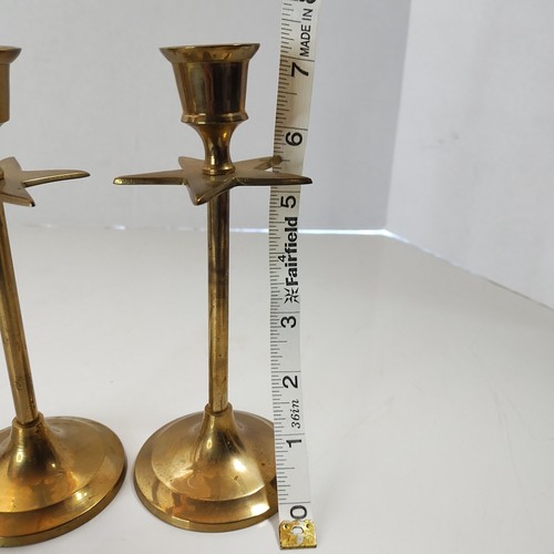 Vintage Set Of 2 Solid Brass Matching Star Tapers Candlesticks India Art Deco - Picture 8 of 10
