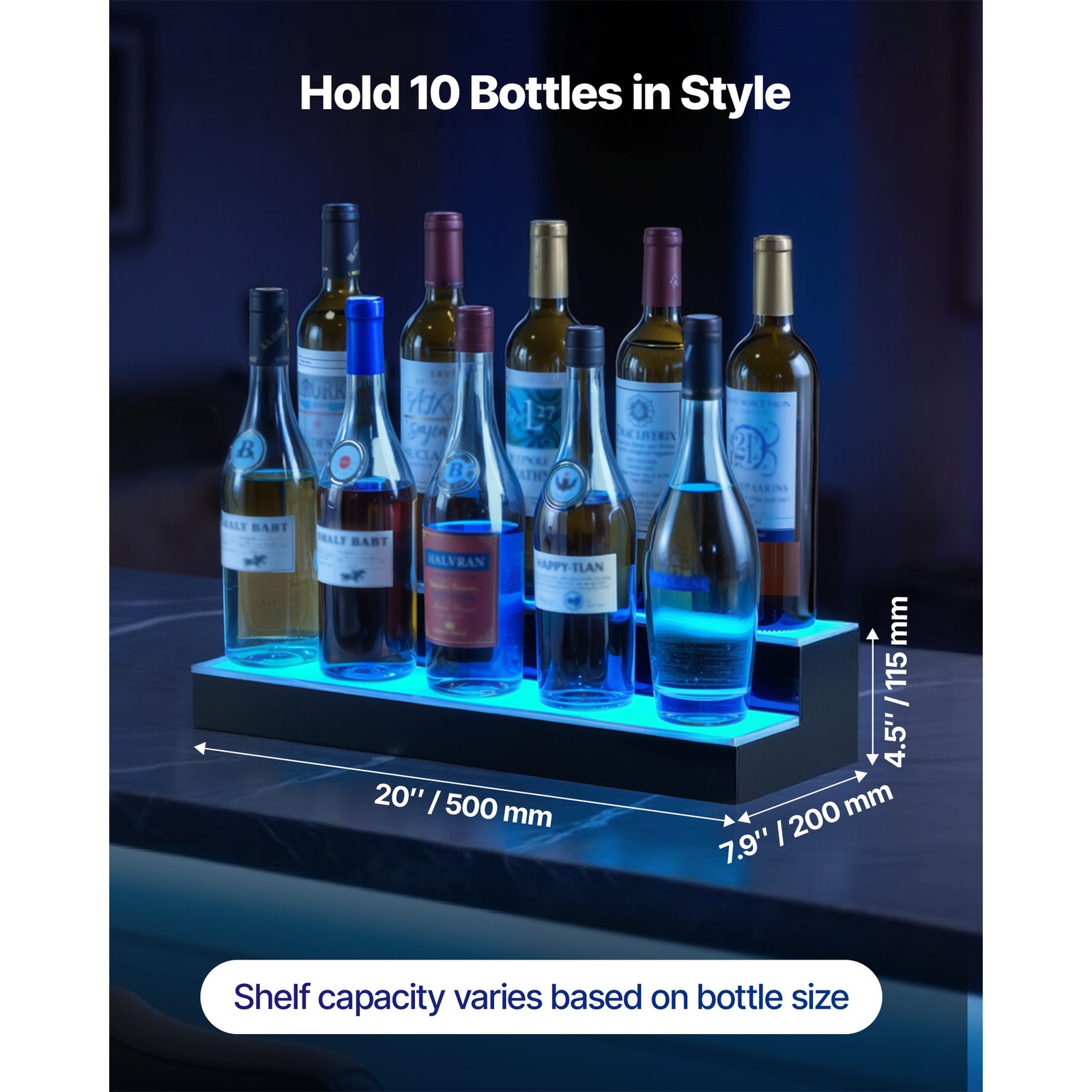 Uimoso LED Illuminated Liquor Bottle Display, 2-Tier, 20-Inch, Holds 10 Bottles