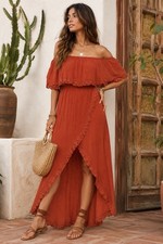 HIGH Off Shoulder Rust Gauze Maxi Dress Crochet Trim Boho Festival PS