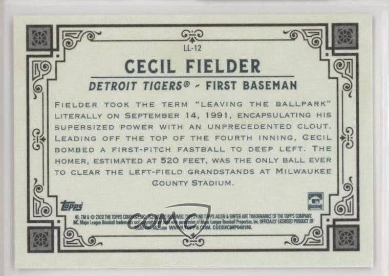 2020 Topps Allen & Ginter's Longball Lore Cecil Fielder #LL-12 - Image 2 of 2