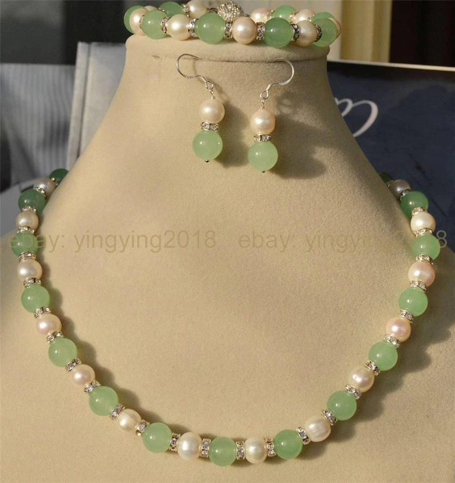 9-10mm Genuine White Cultured Pearl Natural Green Jade Necklace Bracelet Earring - Image 2 of 4