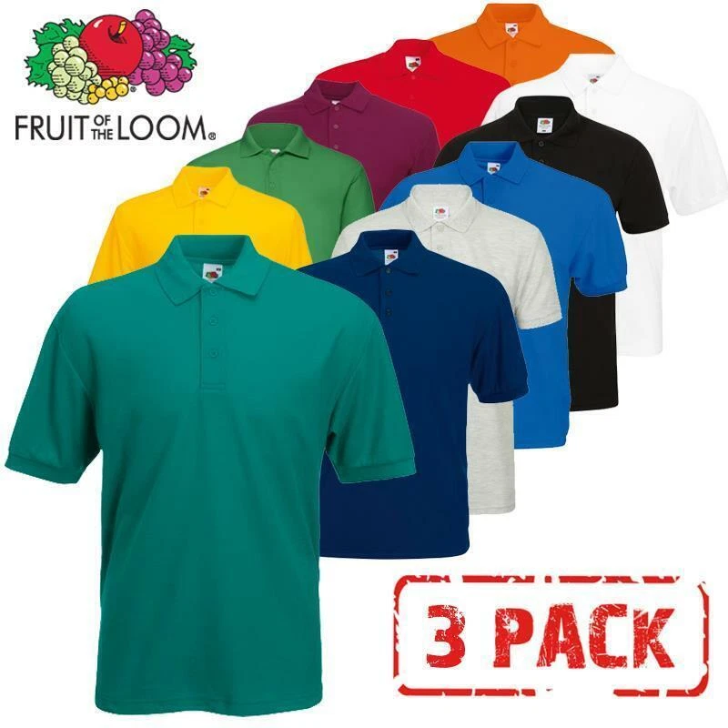 3 PACK FRUIT OF THE LOOM Plain 65/35 Polo Shirts Unisex Men Women Tee T Shirt