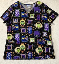 Scrub Top Size Lg Halloween Vampire Frankenstein Cat Pocket Medical Nurse Black