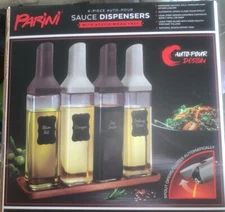 Parini 4 Piece Auto-pour Sauce Dispensers W/Acacia Wood Tray