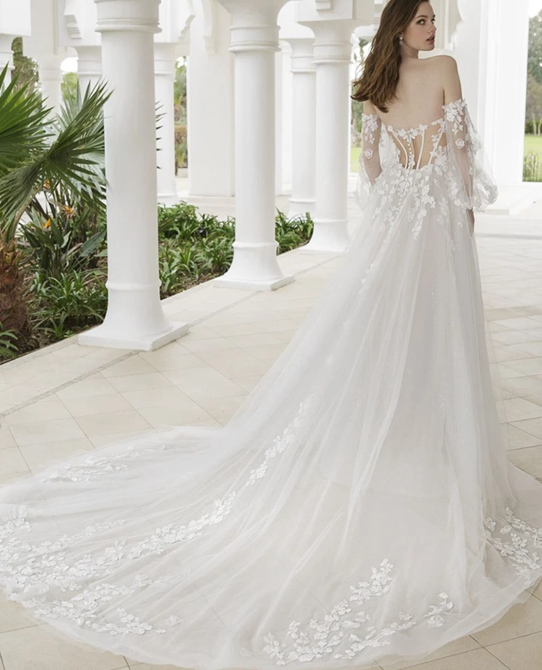 Luftiges Illusion Spitze Hochzeitskleid 32-60 Maßgeschneidert Glitzer Puffärmel - Bild 4 von 4