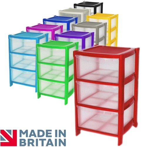 3 Drawer Plastic Large Tower Storage Drawers Chest Unit with Wheels MADE IN U.K