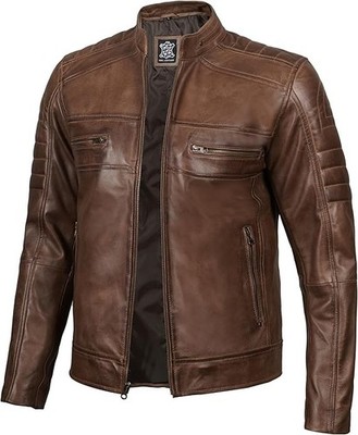 Mens Classic Cafe Racer Brown Biker Leather Jacket Genuine Sheepskin Motorcycle