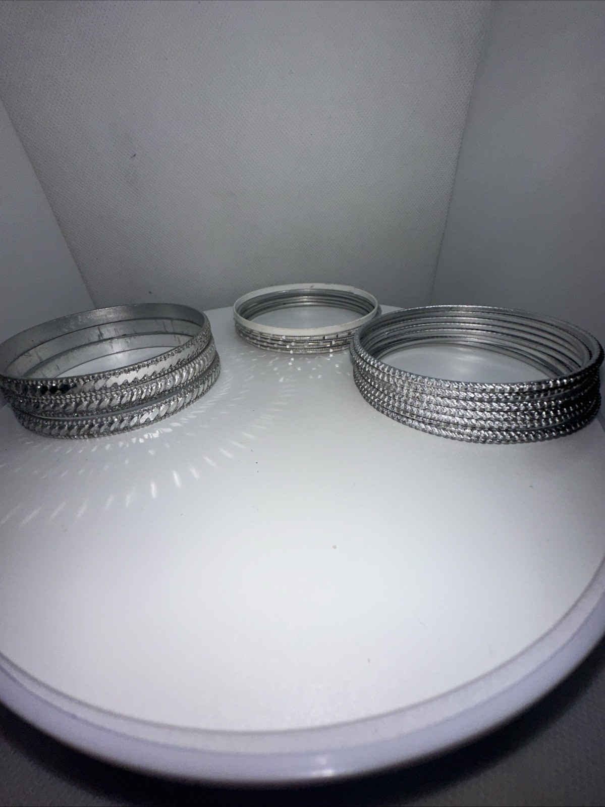 73/4" Stackable silver tone and etching bangle br… - image 6