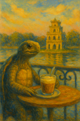Hanoi Turtle Egg Coffee Art   Impressionist Hoan Kiem Lake & Turtle Tower Scene