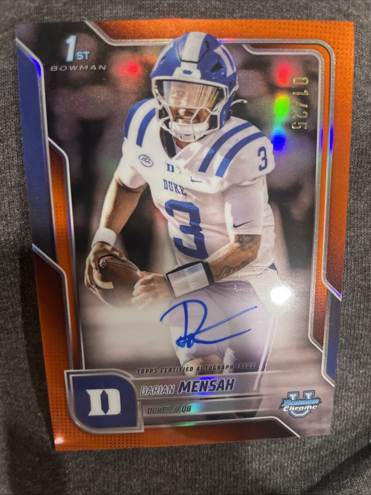 2025 Bowman Chrome U Darian Mensah #BCA-DM Orange AUTO #1/25 BOOKEND Duke