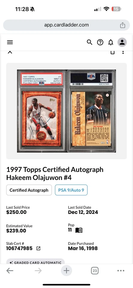 Autógrafo certificado Topps 1997 Hakeem Olajuwon #4 PSA 9 ¡Con autógrafo grado 9! Foto 2 de 4