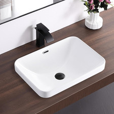 Modern Rectangular Semi Recessed Bathroom Vessel Sink with Overflow, White Ceram