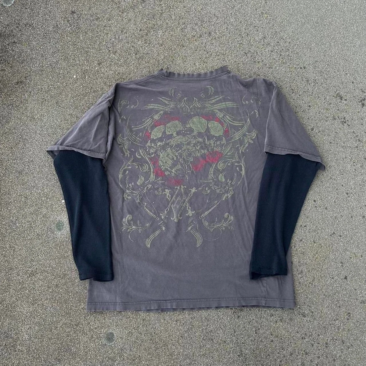 T-shirt Homme Avirex Gris Col V Manches Longues Coton Taille M – Made In Japan