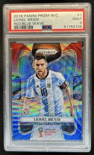 2018 Panini Prizm World Cup Lionel Messi Red & Blue Wave #1 Argentina PSA 9