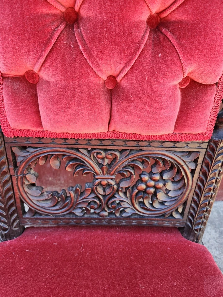 Antique Gothic rare black carved Medieval velvet chair 47” Tall - Image 2 of 4