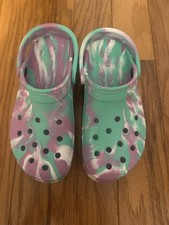 Women  s Crocs Size 6 Classic Platform Marbled Tie Dye Clogs Green Purple