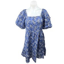 Mango MNG Blue Floral Square Neck Short Puff Sleeve Smocked Mini Shift Dress 6