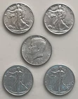 Lot Of 5 90% Silver Half Dollars 1942,1943 P Walking Liberty & 1964D Kennedy.