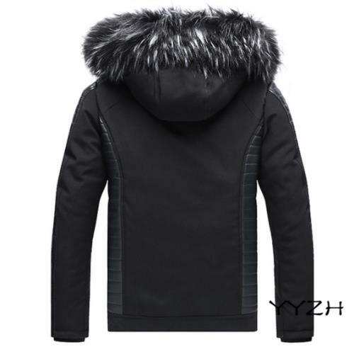Hombres Invierno Desmontable Cuello de Piel Sintética Abrigo Grueso Cuero Sintético Chaqueta con Capucha Cálida - Imagen 7 de 15