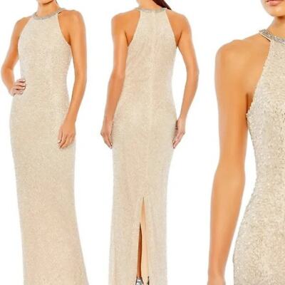 Mac Duggal Beaded Halter Neck Body Skimming Gown Silver Cream Size 2 NWT