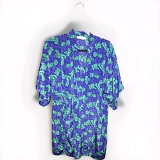 Lilly Of France Sleepwear Vintage Blue  Green Roses Satin Robe Medium Women's 