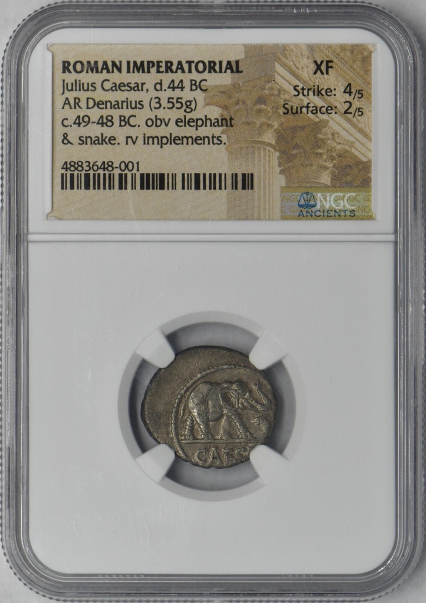 c.49-48 BC Julius Caesar Roman AR Denarius Elephant & Snake NGC XF