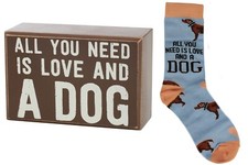 Primitives By Kathy Box Sign  Sock Set All You Need Is Love and A Dog NEW