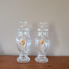 Pair of Vintage Clear Glass Apothecary Jars with Lids & decals 8.25" tall