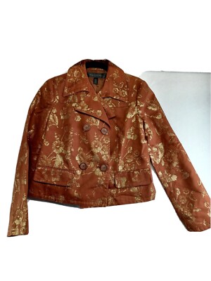 Apostrophe Blazer Womens 8 Brown/Gold Double Breasted Sparkle Flowers