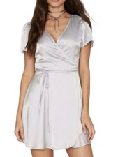 Sexy Silver Wrap Shiny Wrap Front Tie At Waist Mini Cleavage Dress Xs Nasty Girl