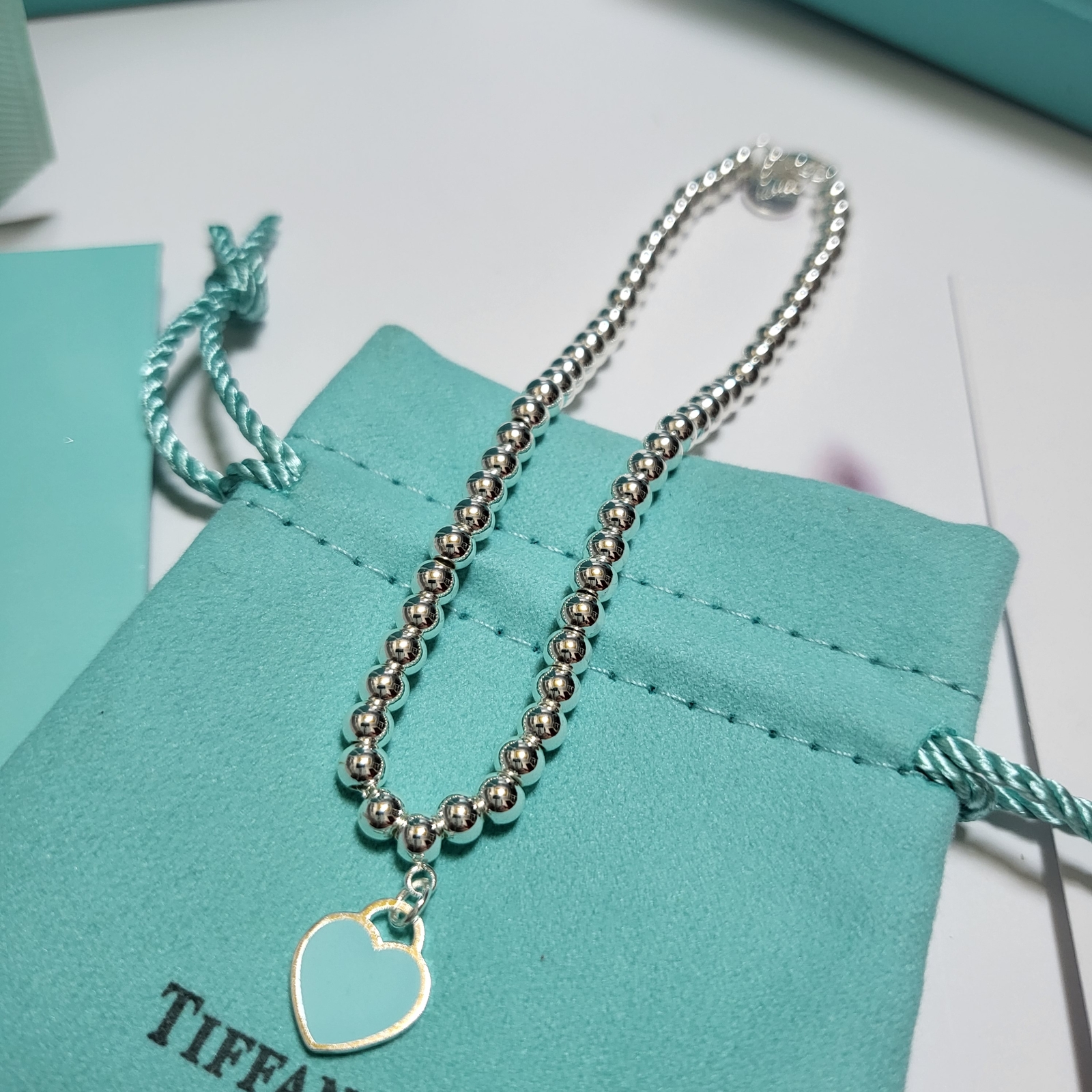 Tiffany & Co. Silver Blue Heart Ball Chain Bracelet With Box