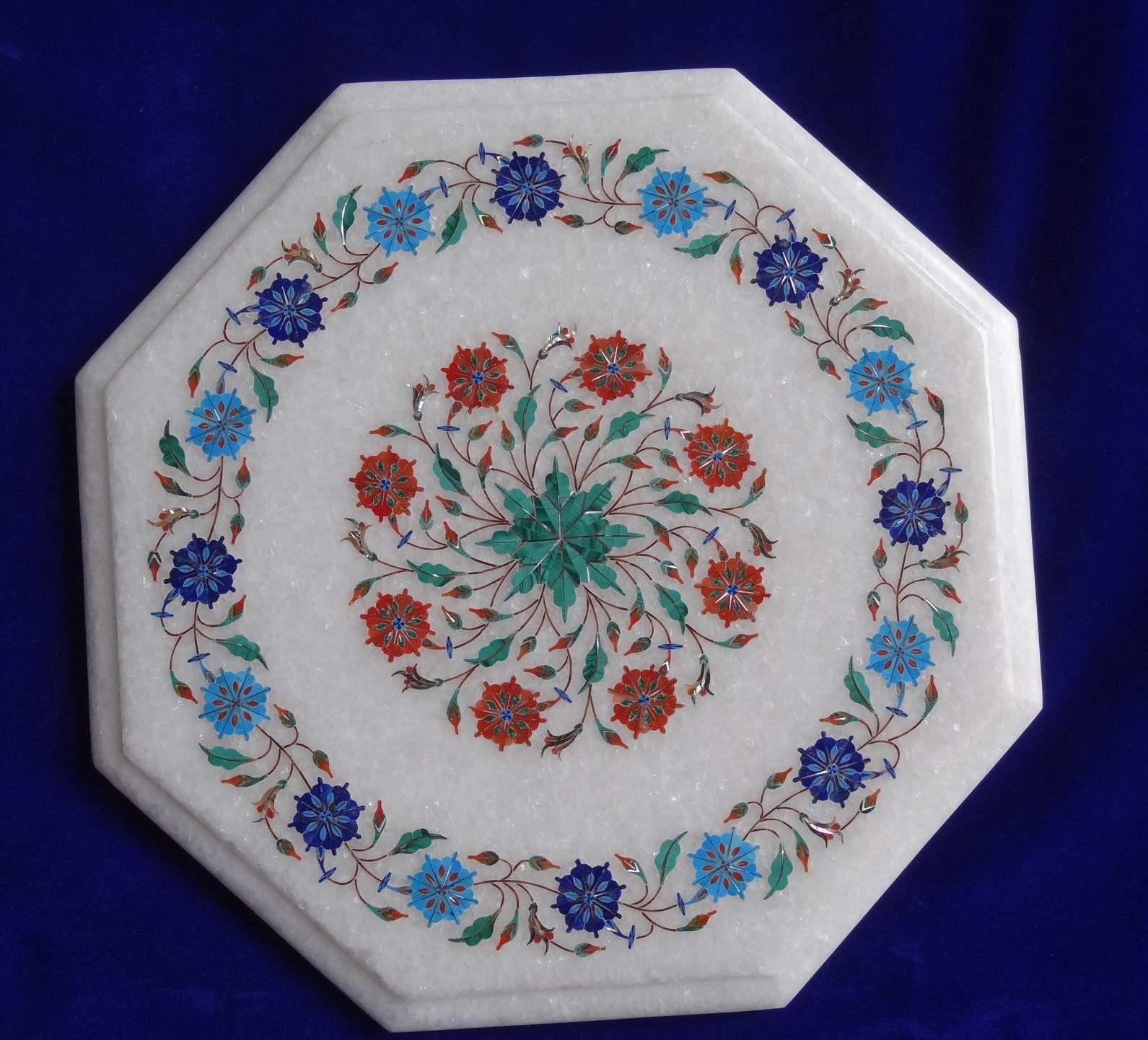 12-Inch Floral Inlay White Marble Table Top with Semi-Precious Stone Accents