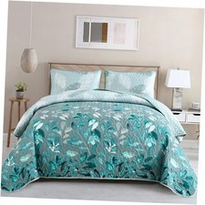 Quilt Set King Size, 3 Pieces Floral Botancal Leaves King 104" 90" Aqua